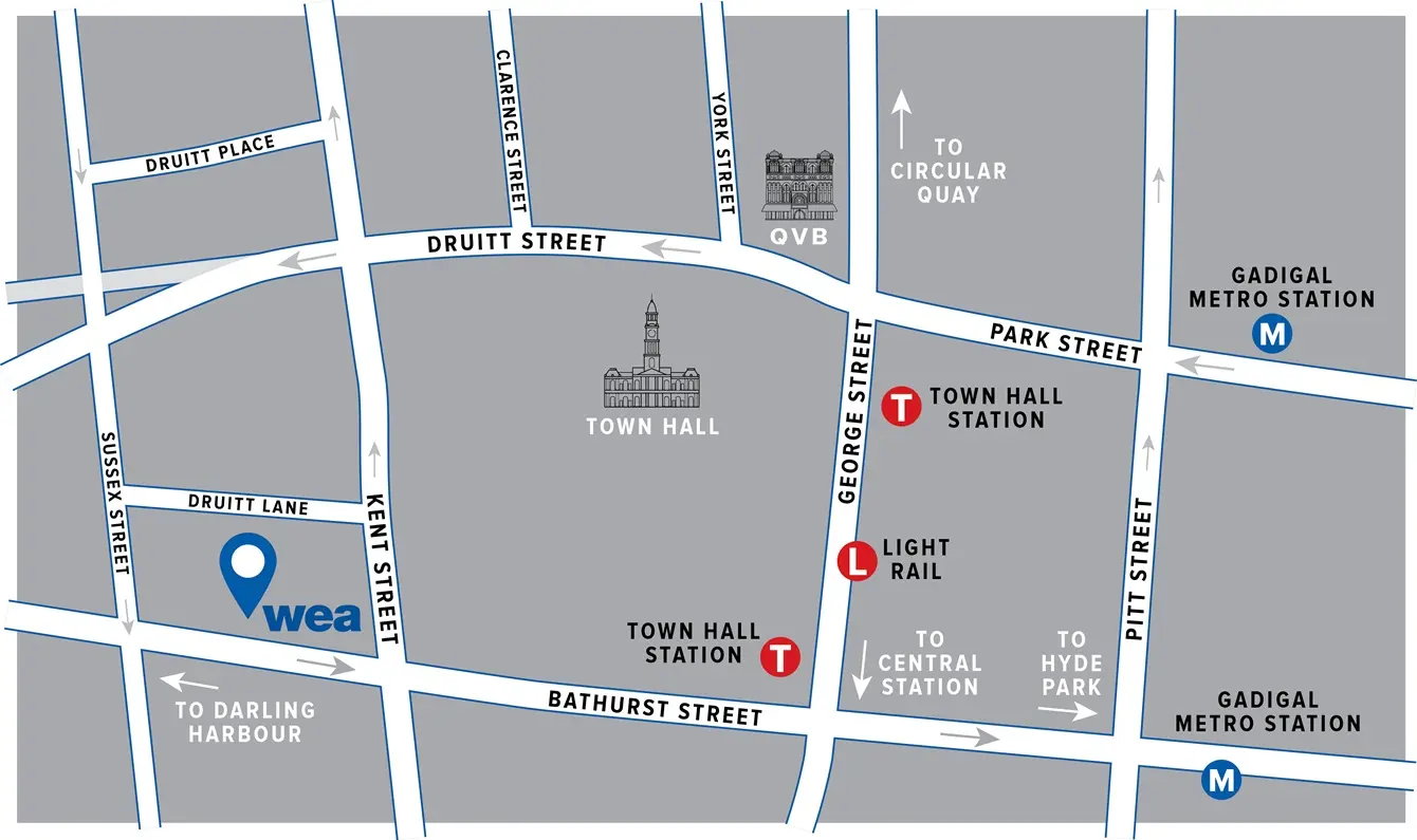 Map detailing where WEA Sydney is located in relation to public transport, Town Hall and the QVB.